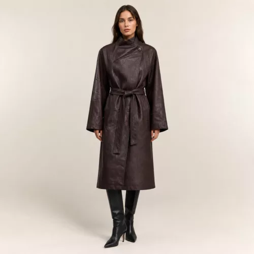 Lux By Dessi Bőrhatású hosszú kabát csokoládé