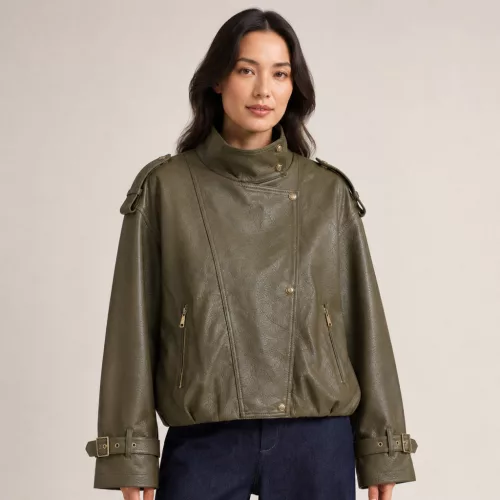 Lux By Dessi Oversized bőrhatású kabát khaki 